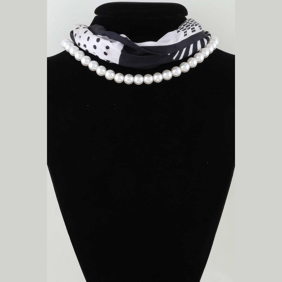 Scarf & Pearl-Effect Statement Necklace in black and white, scarf bow and pearl detail
