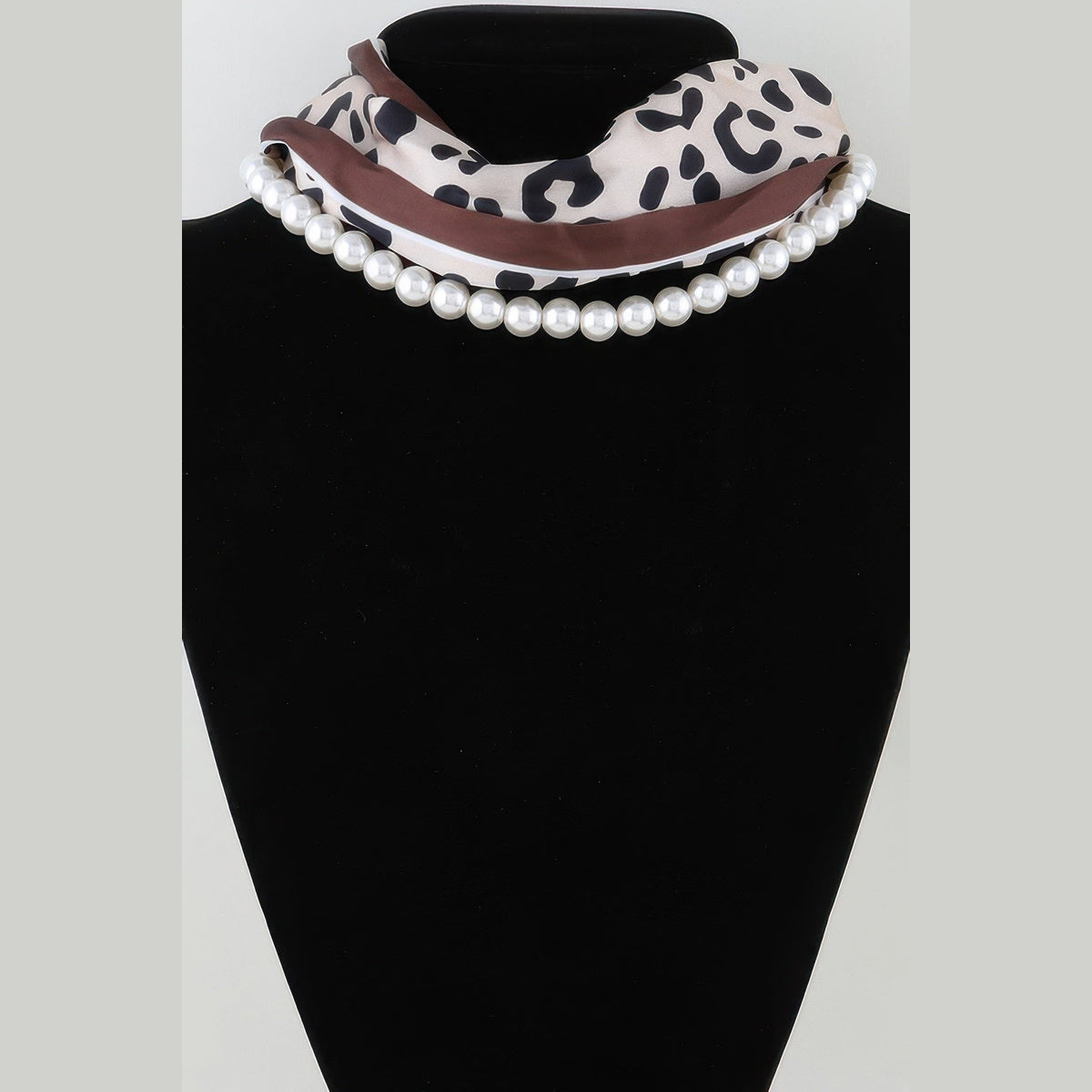 Scarf & Pearl-Effect Statement Necklace in leopard print, scarf and pearl detail