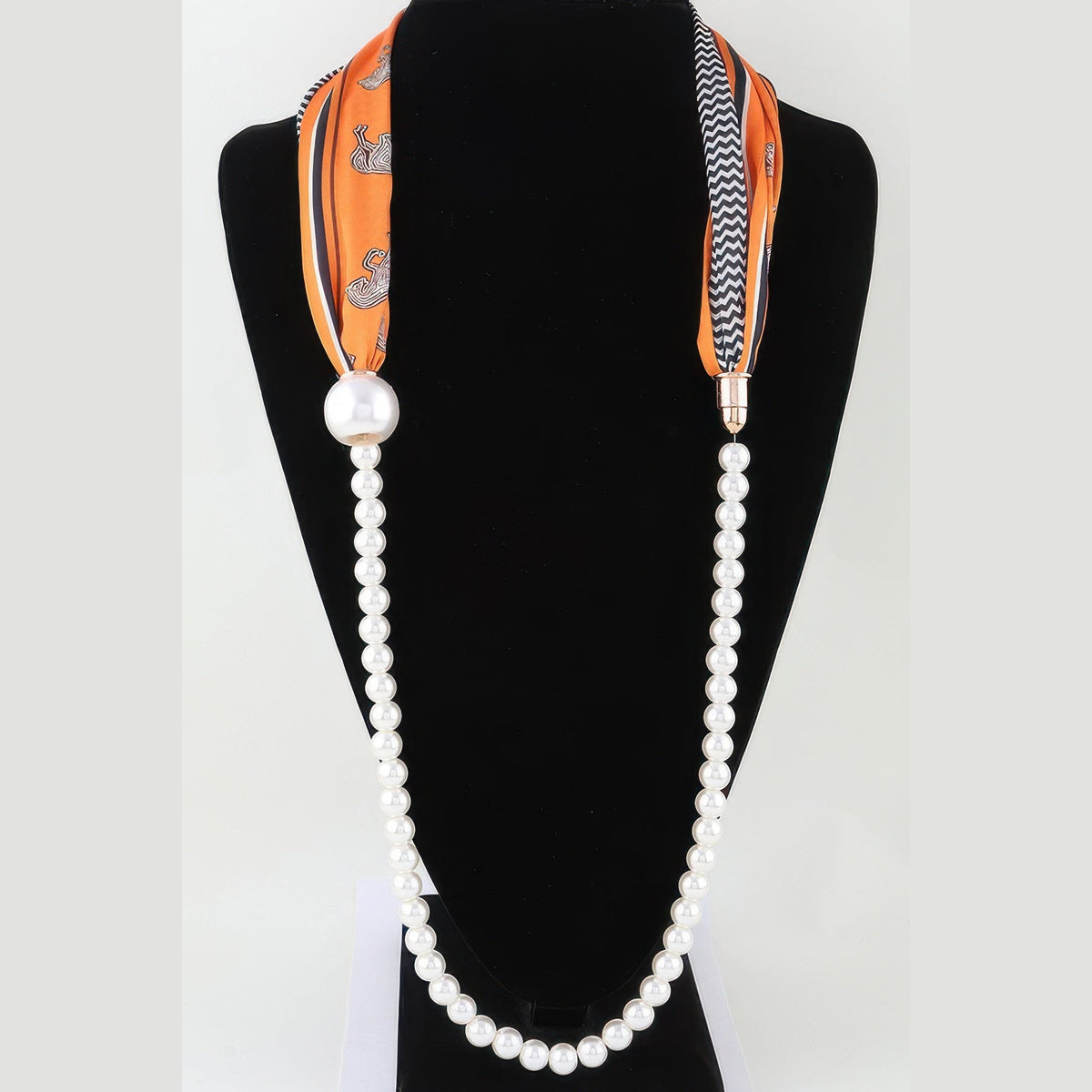 Scarf & Pearl-Effect Statement Necklace in orange, long scarf necklace display