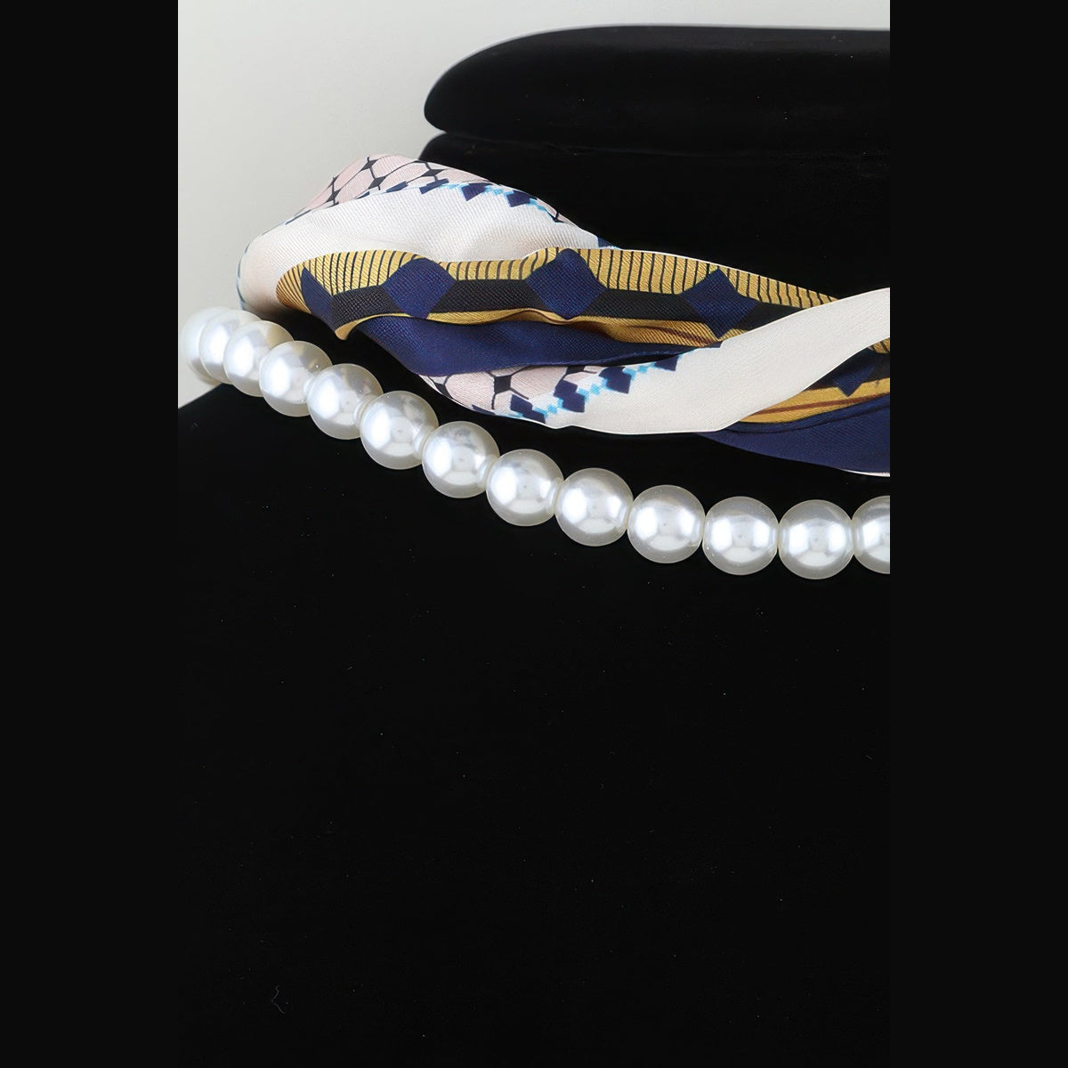 Scarf & Pearl-Effect Statement Necklace in yellow and navy, scarf and pearl detail