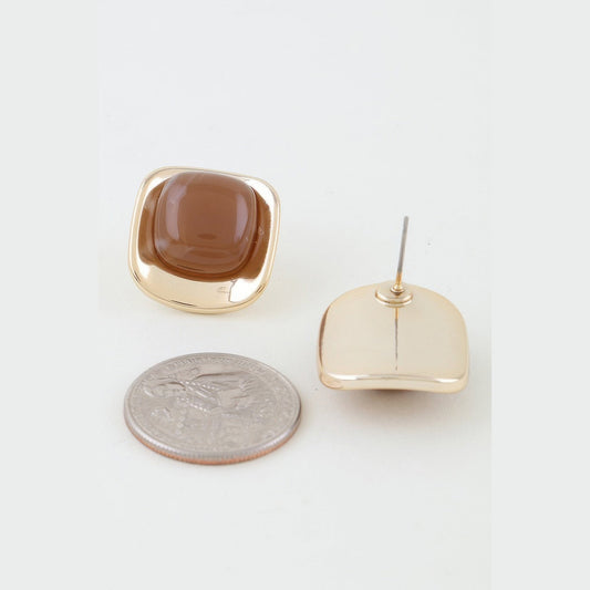 Polished Marbled Stone Stud Earrings in gold and brown, front and reverse views beside a coin for scale