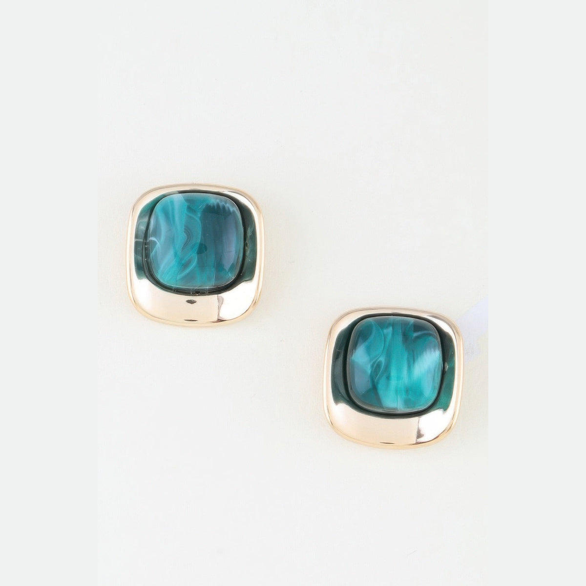 Polished Marbled Stone Stud Earrings in gold and green, pair shown from the front