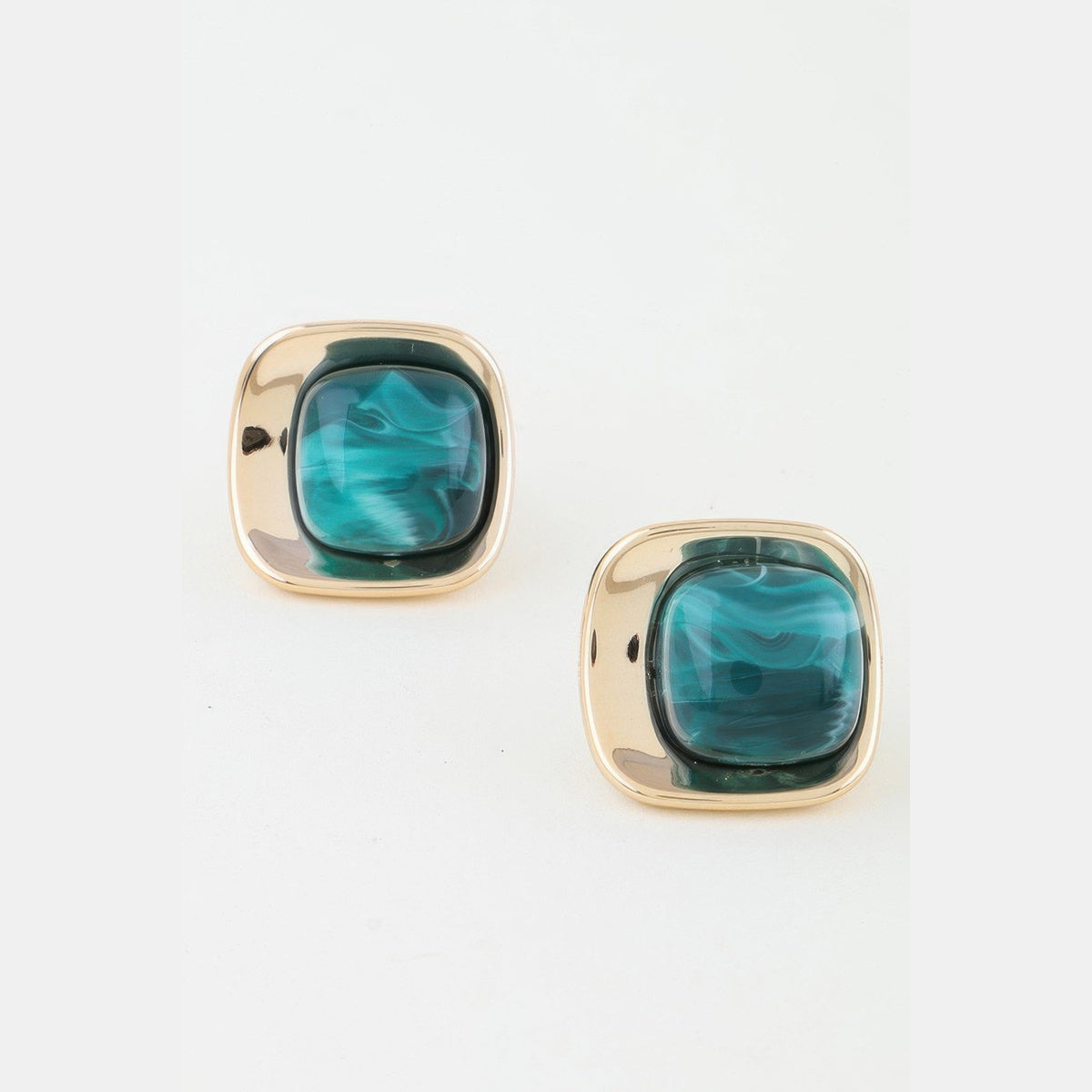 Polished Marbled Stone Stud Earrings in gold and green, stone detail