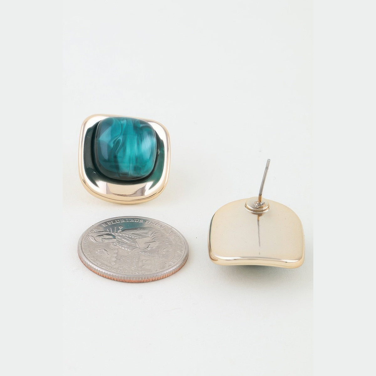 Polished Marbled Stone Stud Earrings in gold and green, front and reverse views beside a coin for scale
