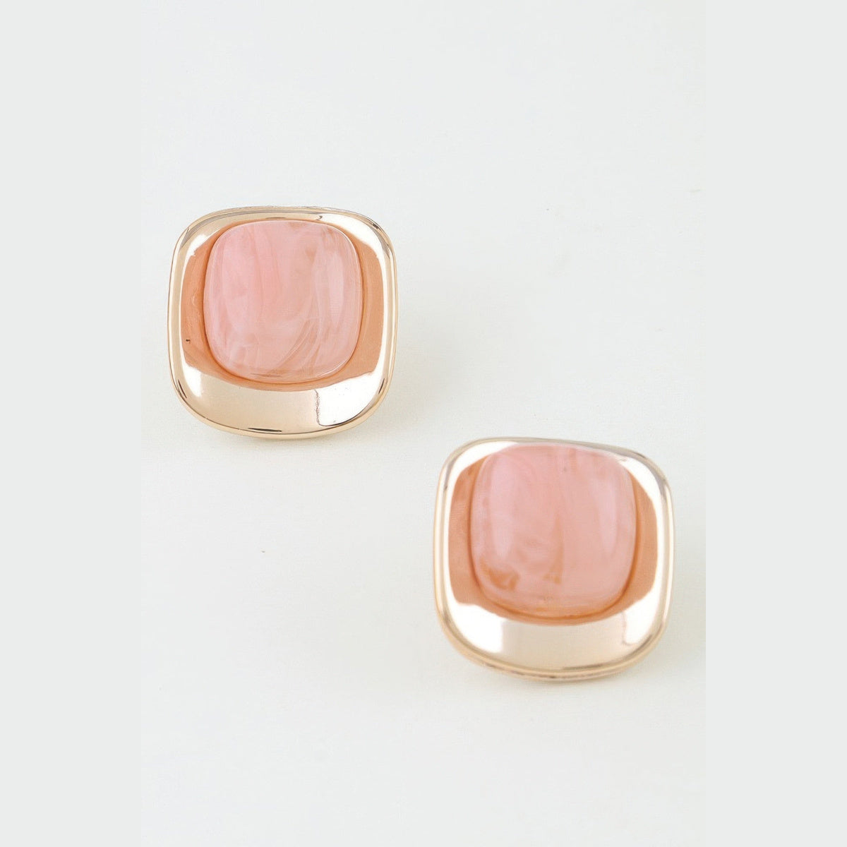 Polished Marbled Stone Stud Earrings in gold and pink, pair shown from the front