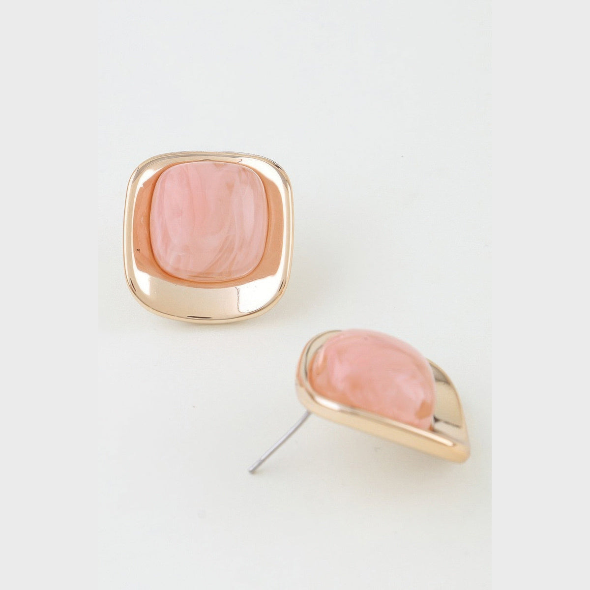 Polished Marbled Stone Stud Earrings in gold and pink, side profile and earring post