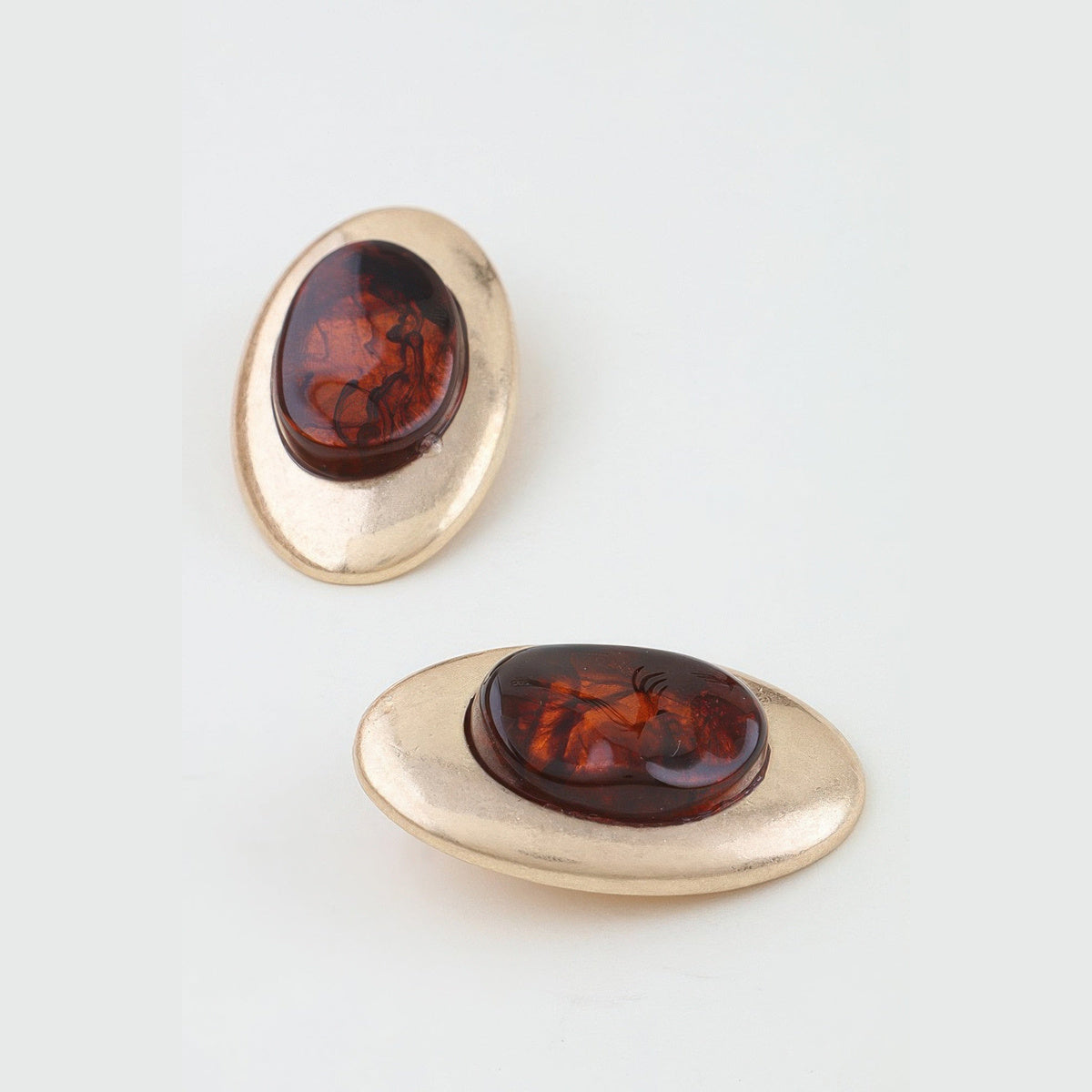 Matte Marbled Stone Statement Earrings in gold and brown, side profile