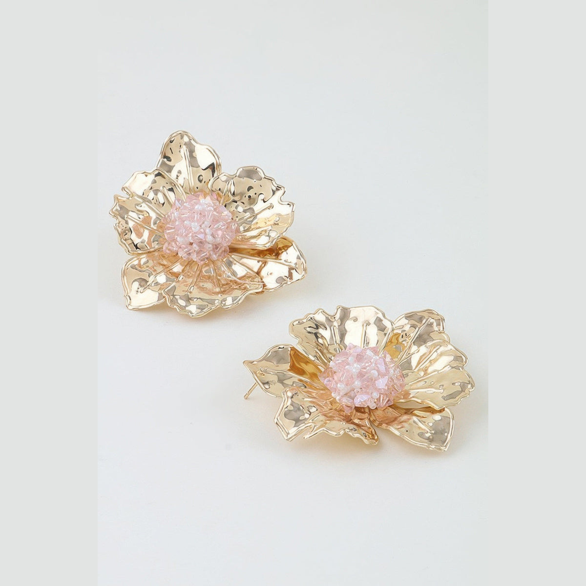 Pink Beaded Flower Statement Earrings in gold and pink, pair shown from the front