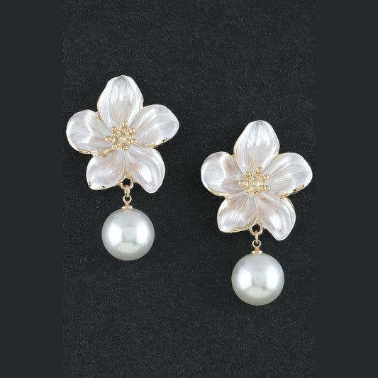 Pearl-Effect Flower Drop Earrings in gold and pearl white, pair shown from the front