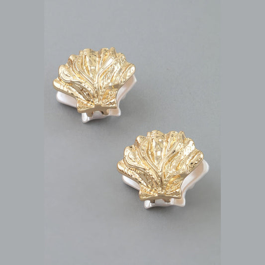 Two-Tone Clamshell Earrings in gold and pearl white, pair shown from the front