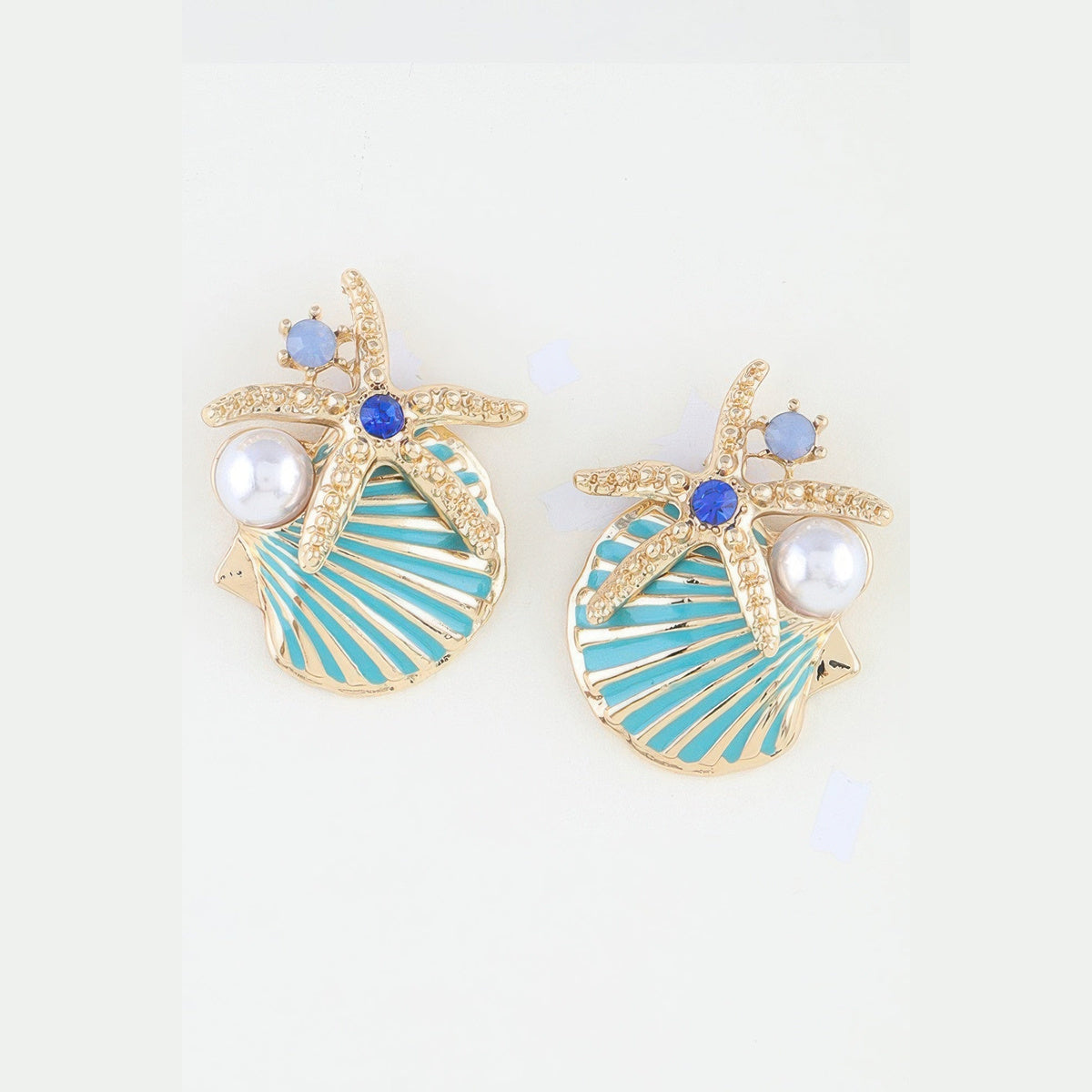 Starfish & Shell Statement Earrings in gold and aqua, pair shown from the front