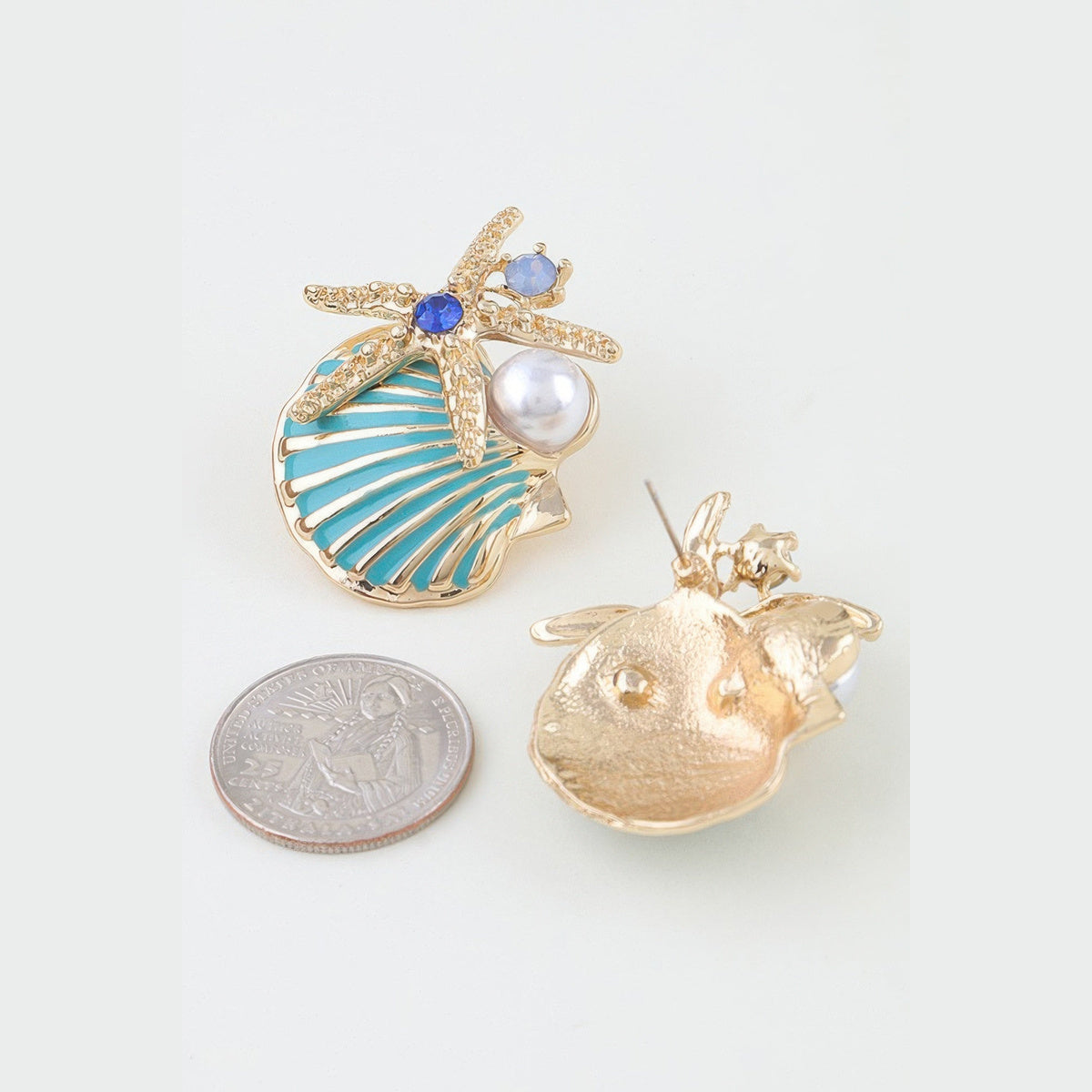 Starfish & Shell Statement Earrings in gold and aqua, reverse view