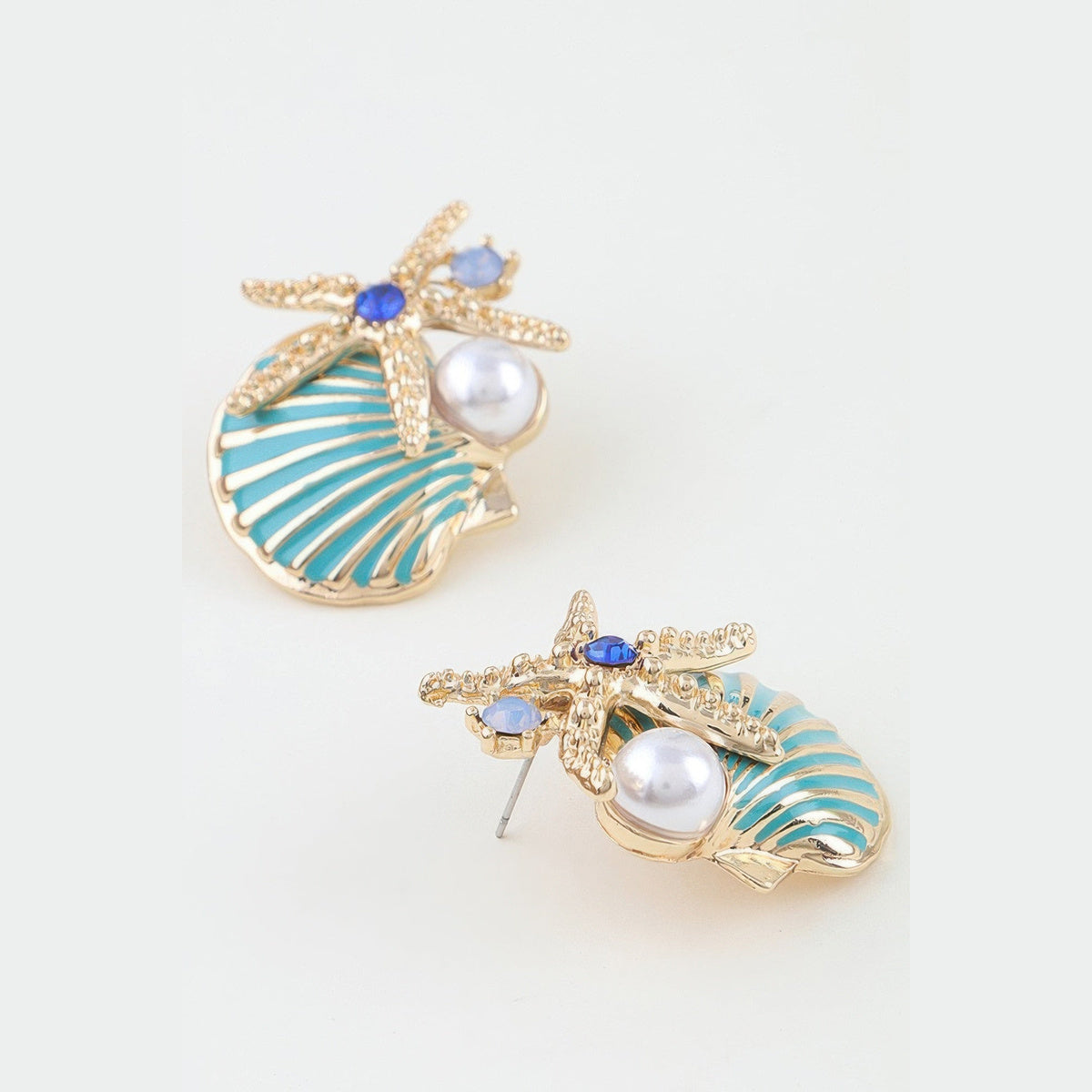 Starfish & Shell Statement Earrings in gold and aqua, earring post detail