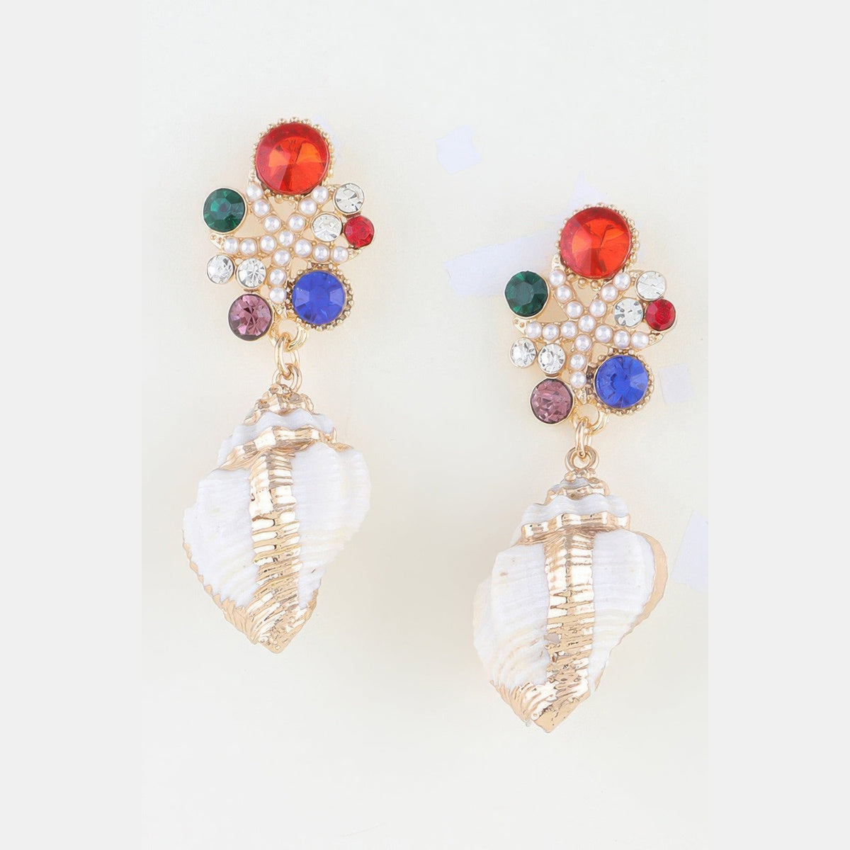 Jeweled Shell Statement Drop Earrings in gold with multicolor stones, pair shown from the front