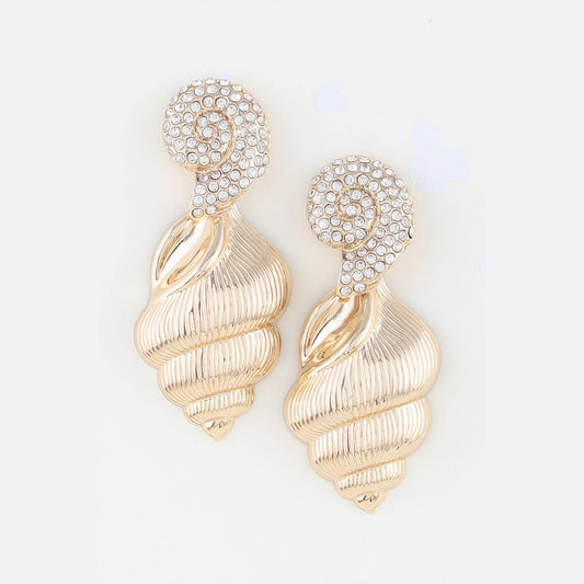 Jeweled Conch Shell Drop Earrings in gold with clear stones, pair shown from the front