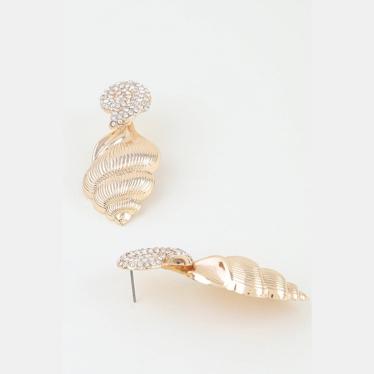Jeweled Conch Shell Drop Earrings in gold with clear stones, side profile and earring posts