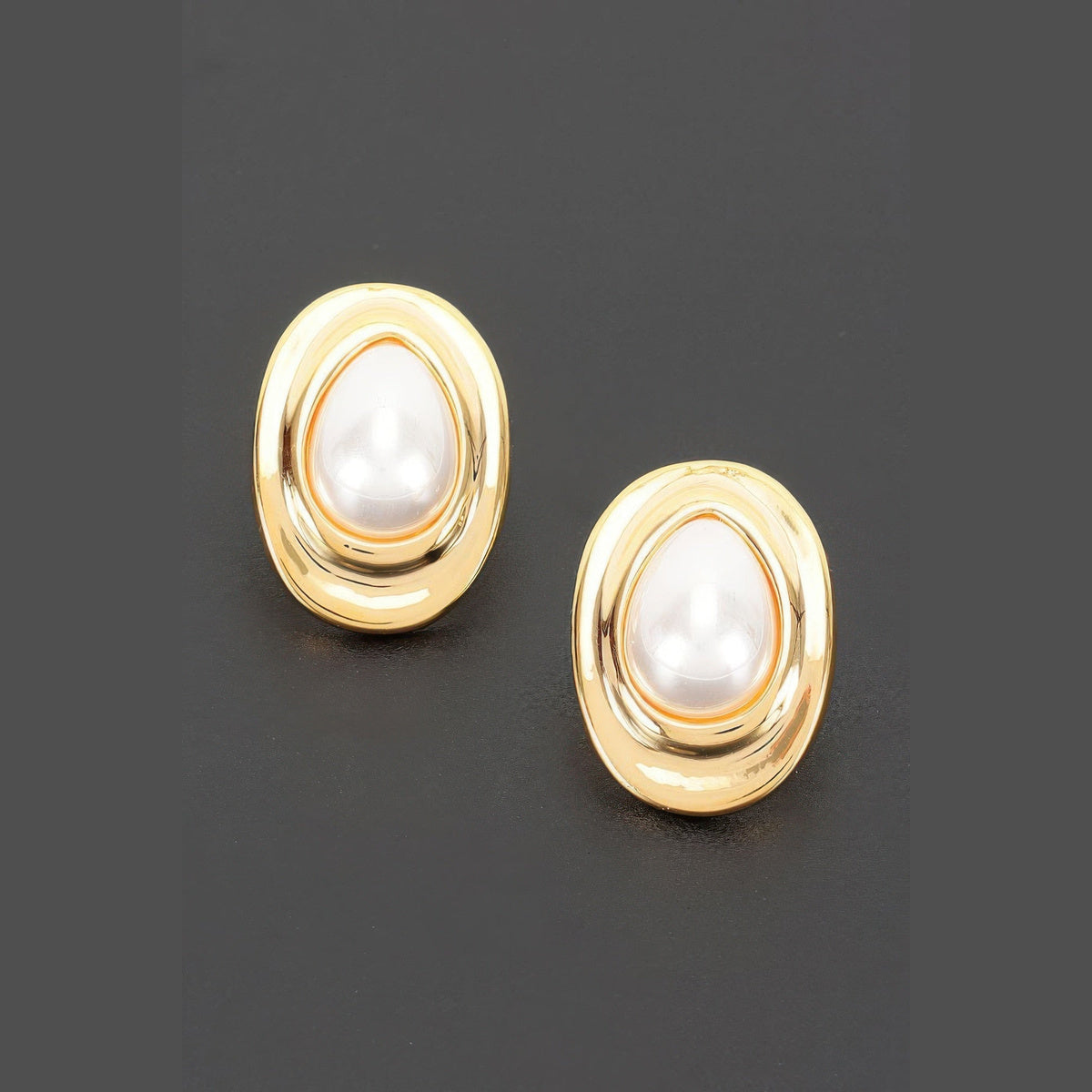 Layered Oval Pearl-Effect Stud Earrings in gold and pearl white, pair shown from the front