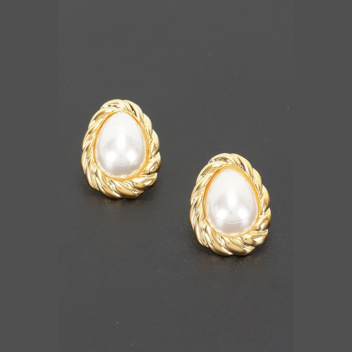 Twisted Frame Pearl-Effect Stud Earrings in gold and pearl white, pair shown from the front