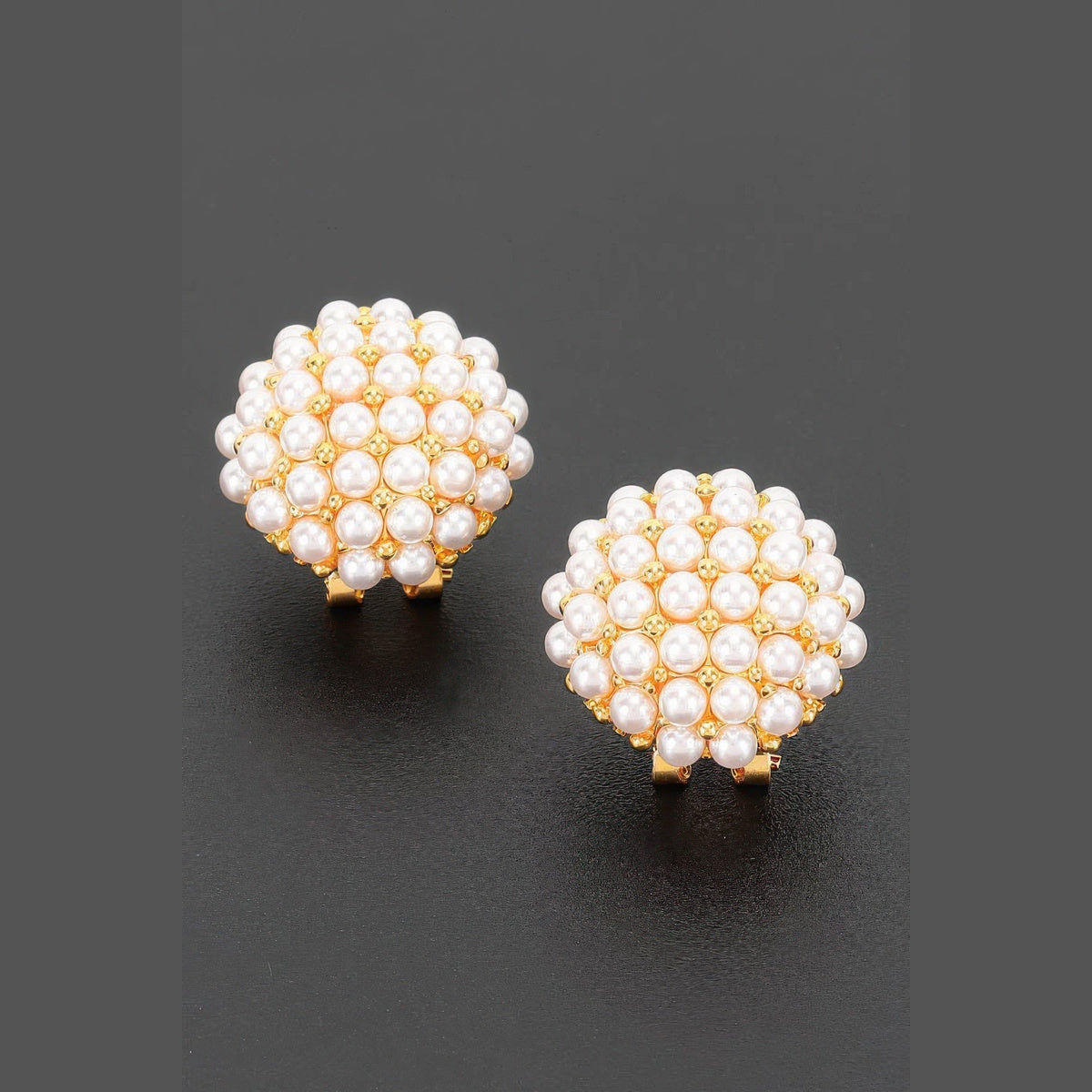 Pearl-Effect Cluster Clip-On Earrings in gold and cream, pair shown from the front