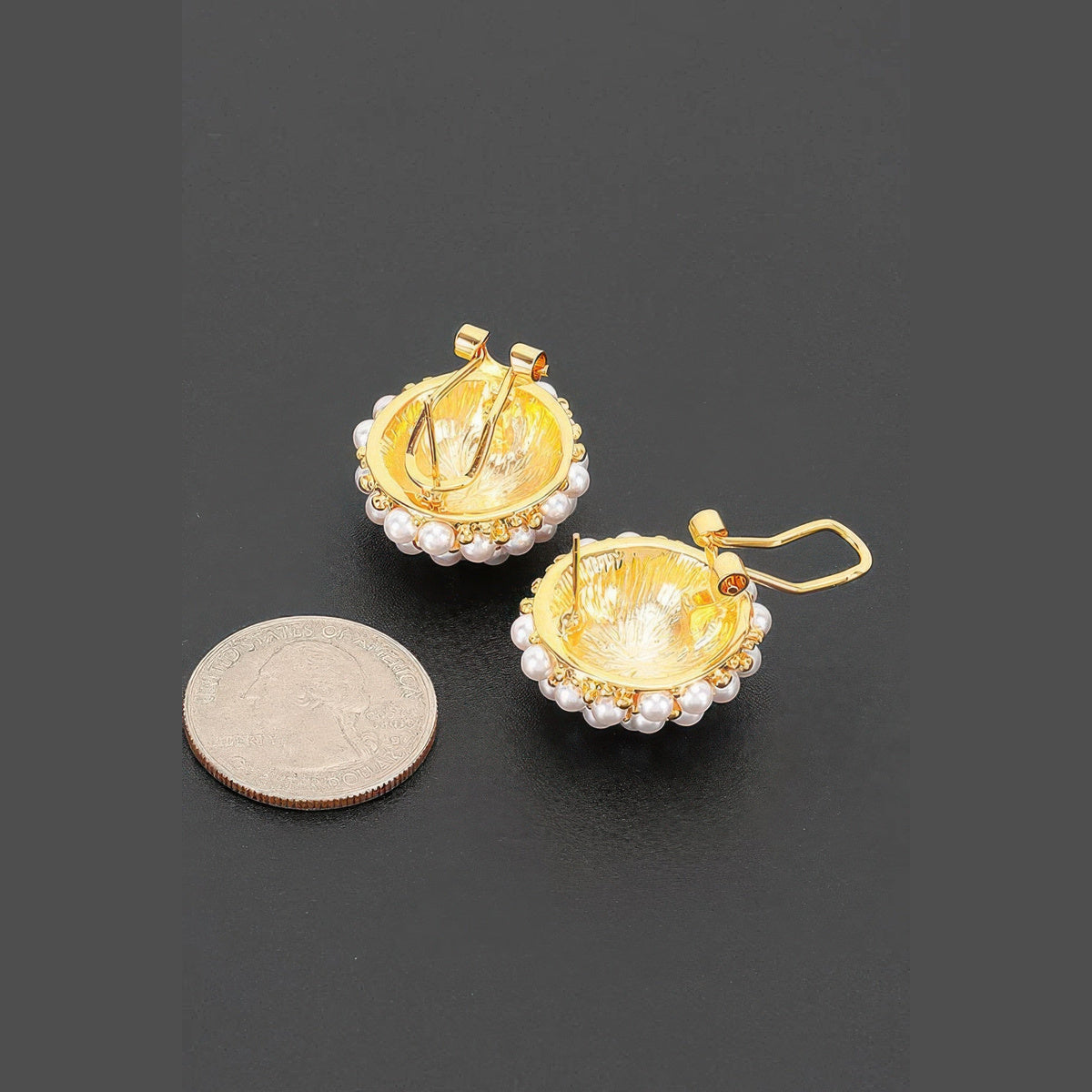 Pearl-Effect Cluster Clip-On Earrings in gold and cream, reverse view showing clip-on fastenings