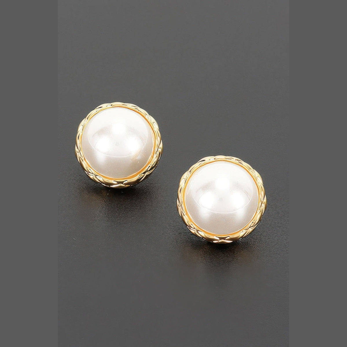 Braided Pearl-Effect Stud Earrings in gold and pearl white, pair shown from the front
