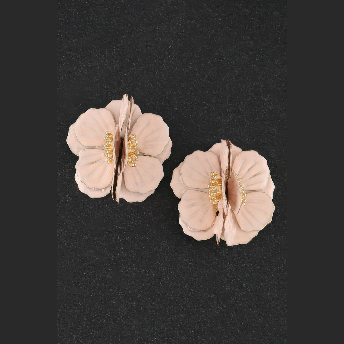 Layered Blossom Statement Earrings in gold and pink, pair shown from the front