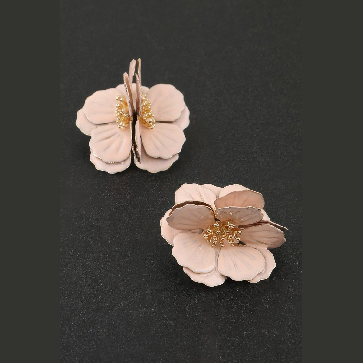 Layered Blossom Statement Earrings in gold and pink, reverse view showing earring posts