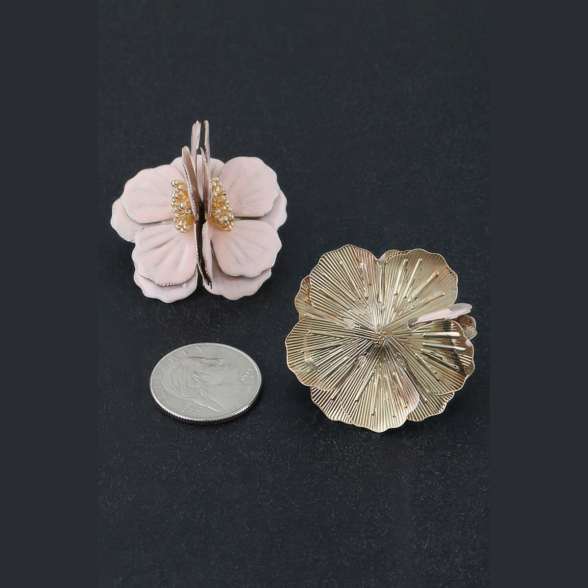 Layered Blossom Statement Earrings in gold and pink, front and reverse views beside a coin for scale