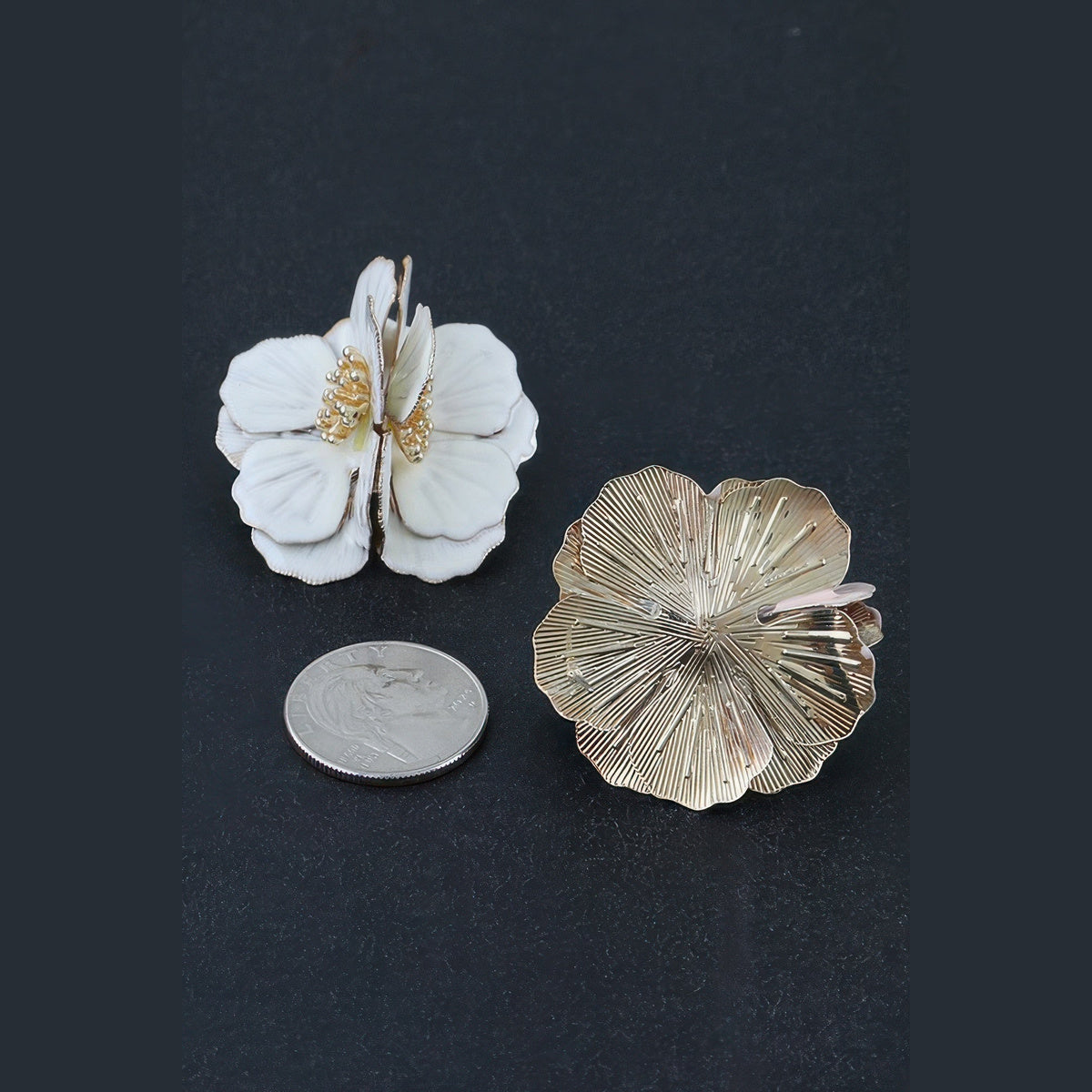 Layered Blossom Statement Earrings in gold and ivory, front and reverse views beside a coin for scale