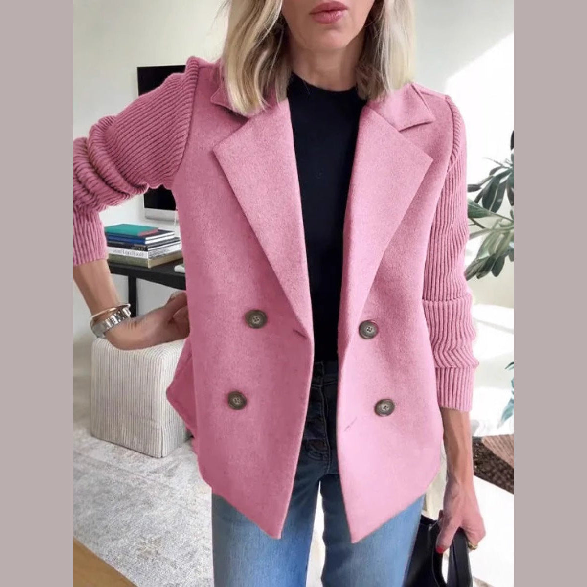 Double-Breasted Knit-Sleeve Jacket in pink, front view on a model