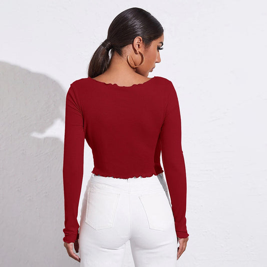 The Women's V-neck Ruched Slim-fit Crop Knit Long-sleeve Top