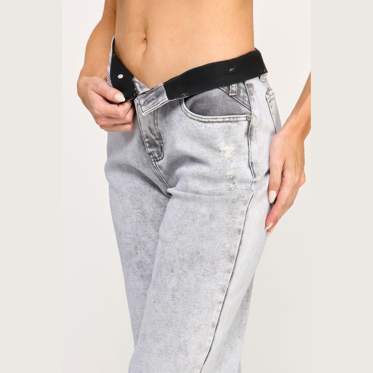 Acid-Grey High-Rise Wide-Leg Jeans in acid gray, waistband detail
