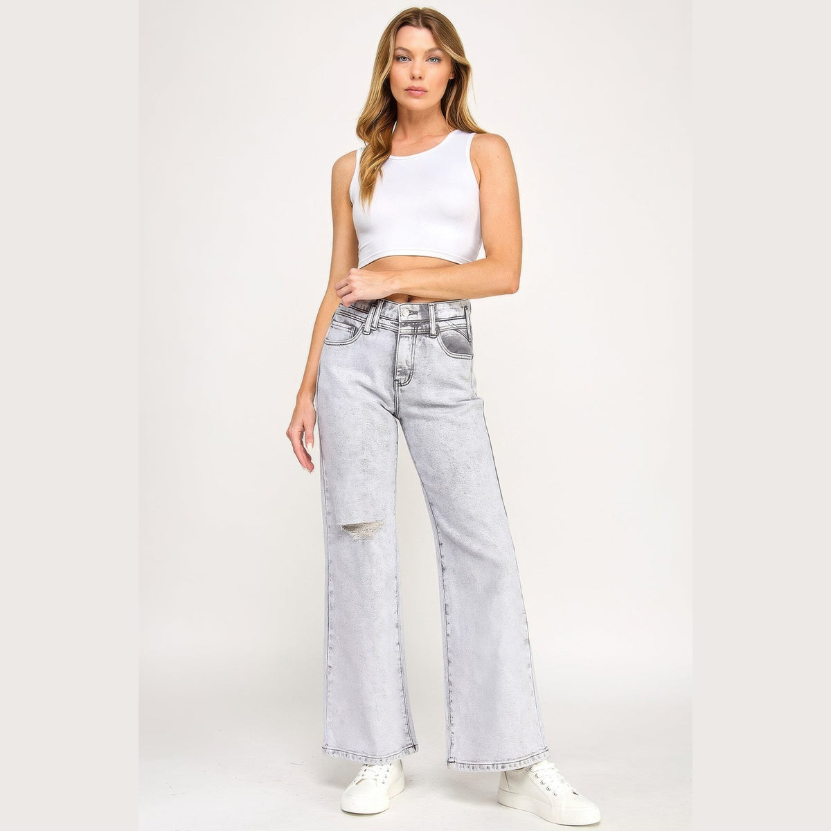 Acid-Grey High-Rise Wide-Leg Jeans in acid gray, full outfit