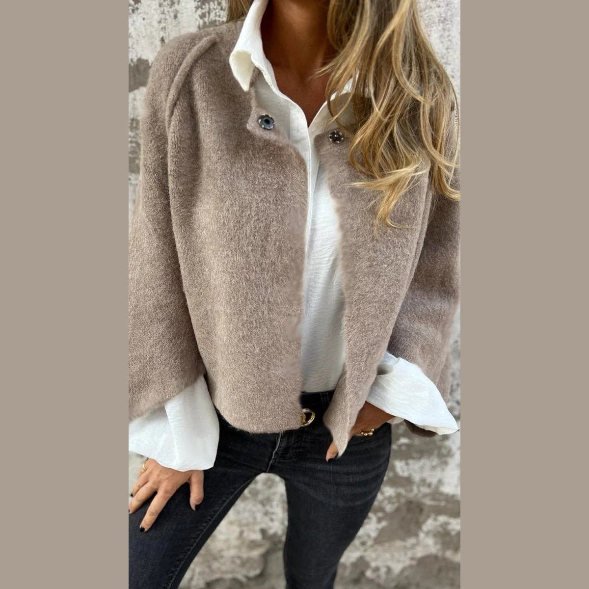 Cropped Batwing Cardigan in khaki, front view on a model