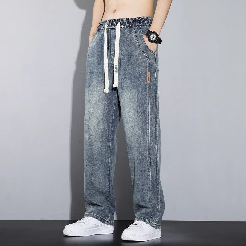 American Retro Denim Jeans - Men's Loose Fit Elastic Waist