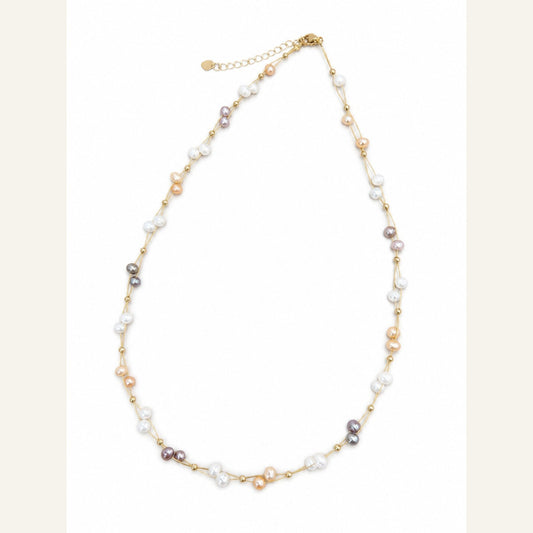 Multicolor Natural Pearl Rope-Chain Necklace in gold with multicolor pearls, pearl and rope-chain detail