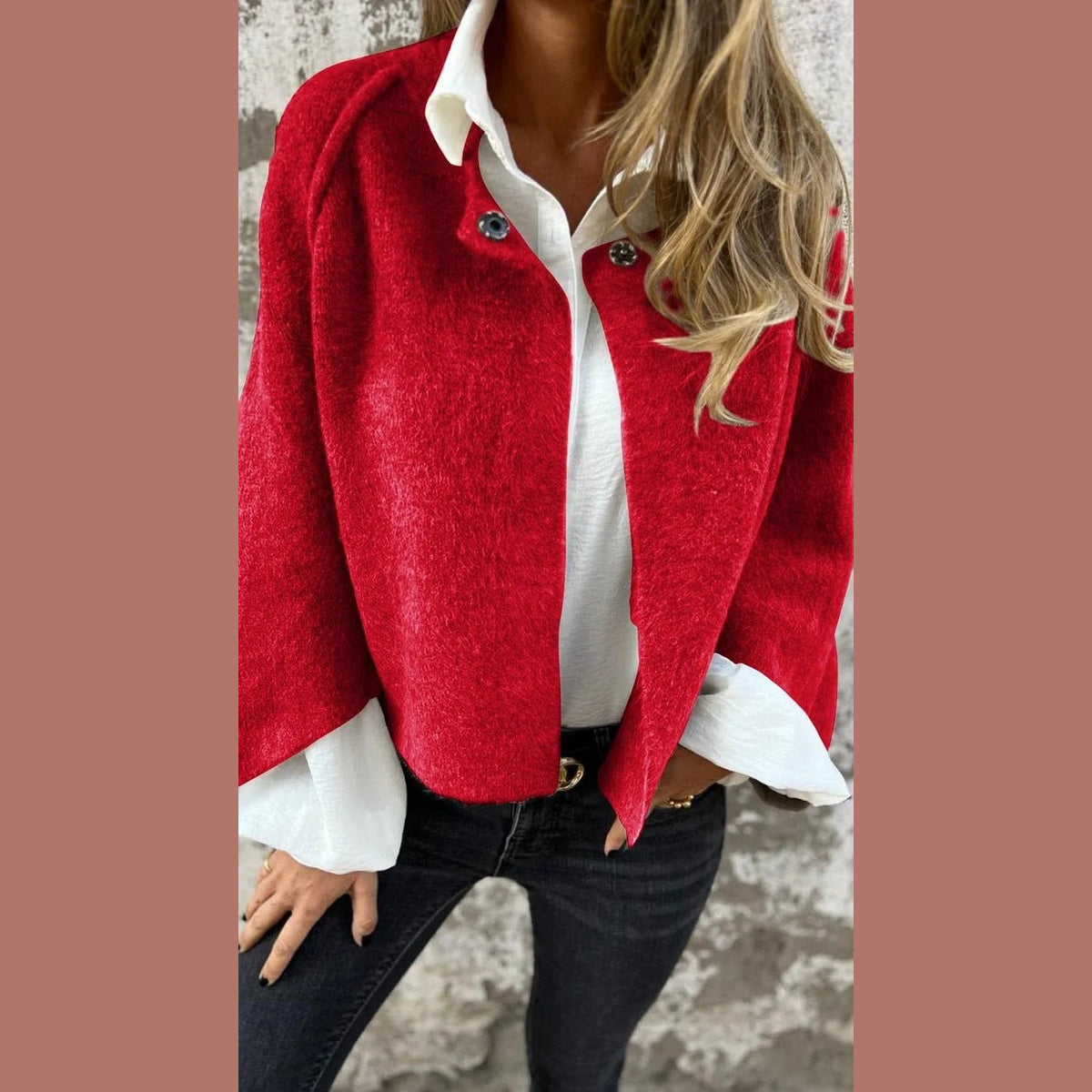 Cropped Batwing Cardigan in red, front view on a model