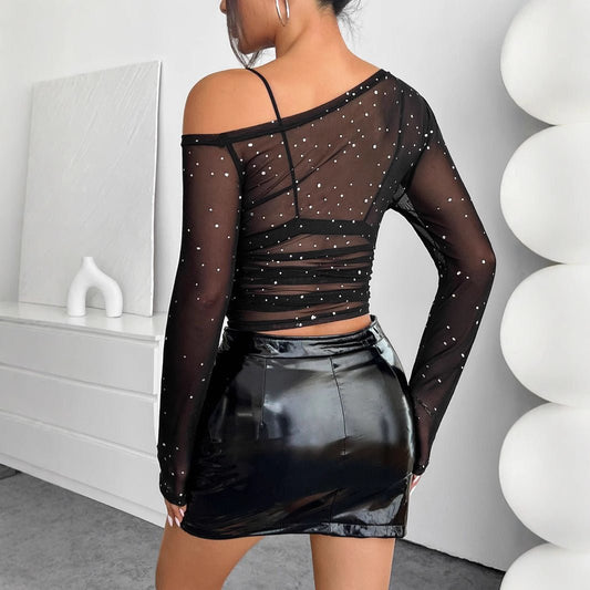 Black Sequin Mesh Asymmetrical - Neck Long - Sleeve Top – Minimal Elegance | The Simple Co – Women's Tops, minimalist style, quiet luxury aesthetic, modern essential – The Simple Co.