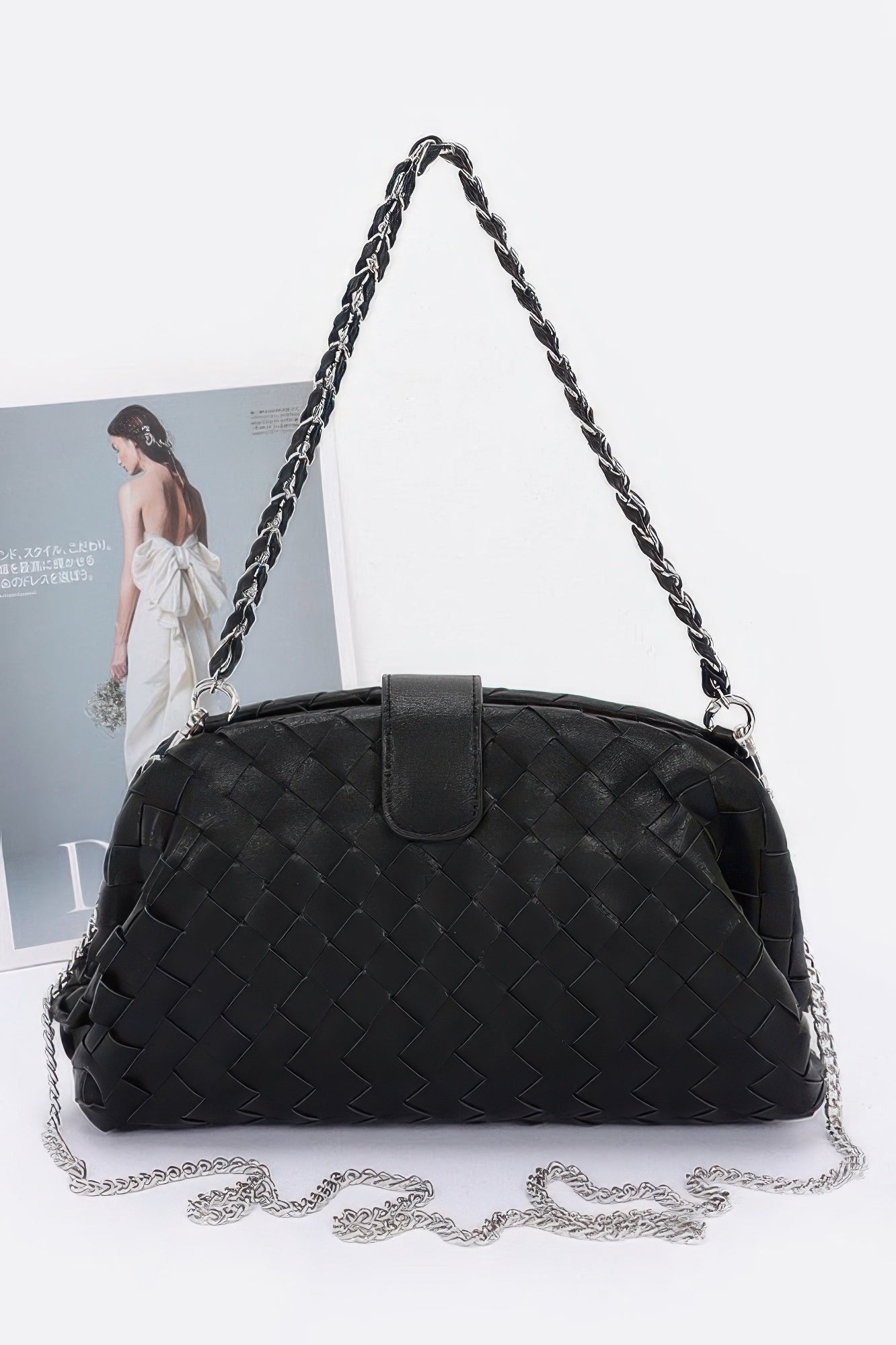 Black braided frame shoulder handbag