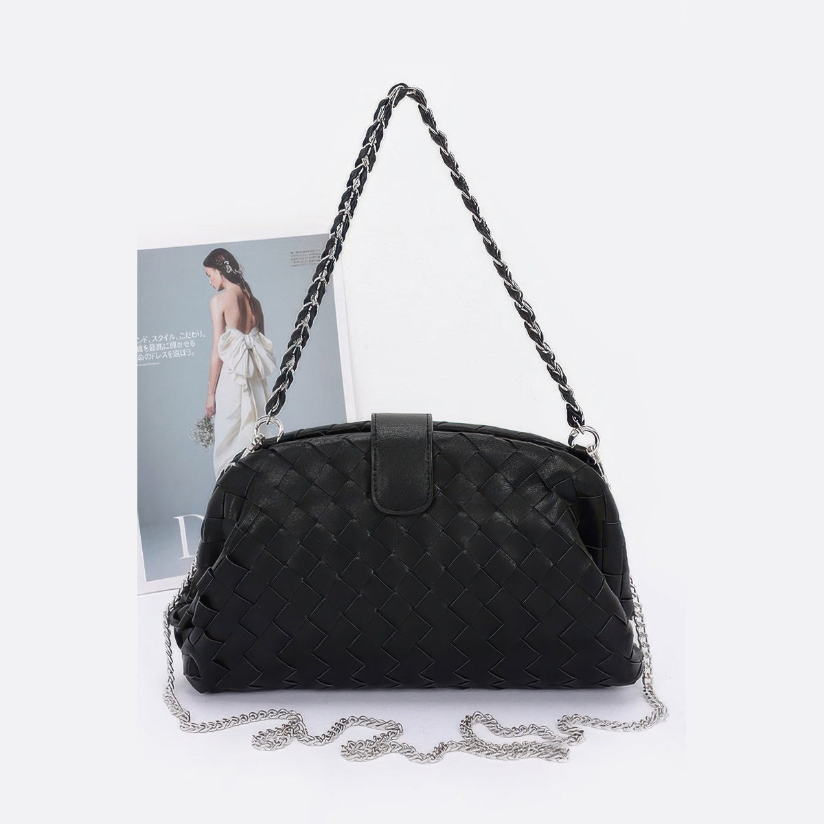 Braided Frame Shoulder Bag in black, front view with chain strap
