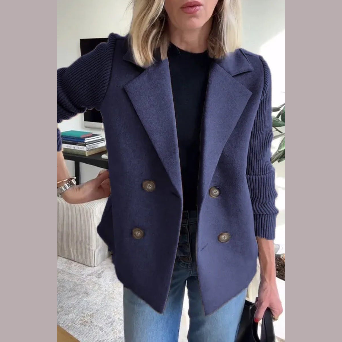 Double-Breasted Knit-Sleeve Jacket in navy blue, front view on a model