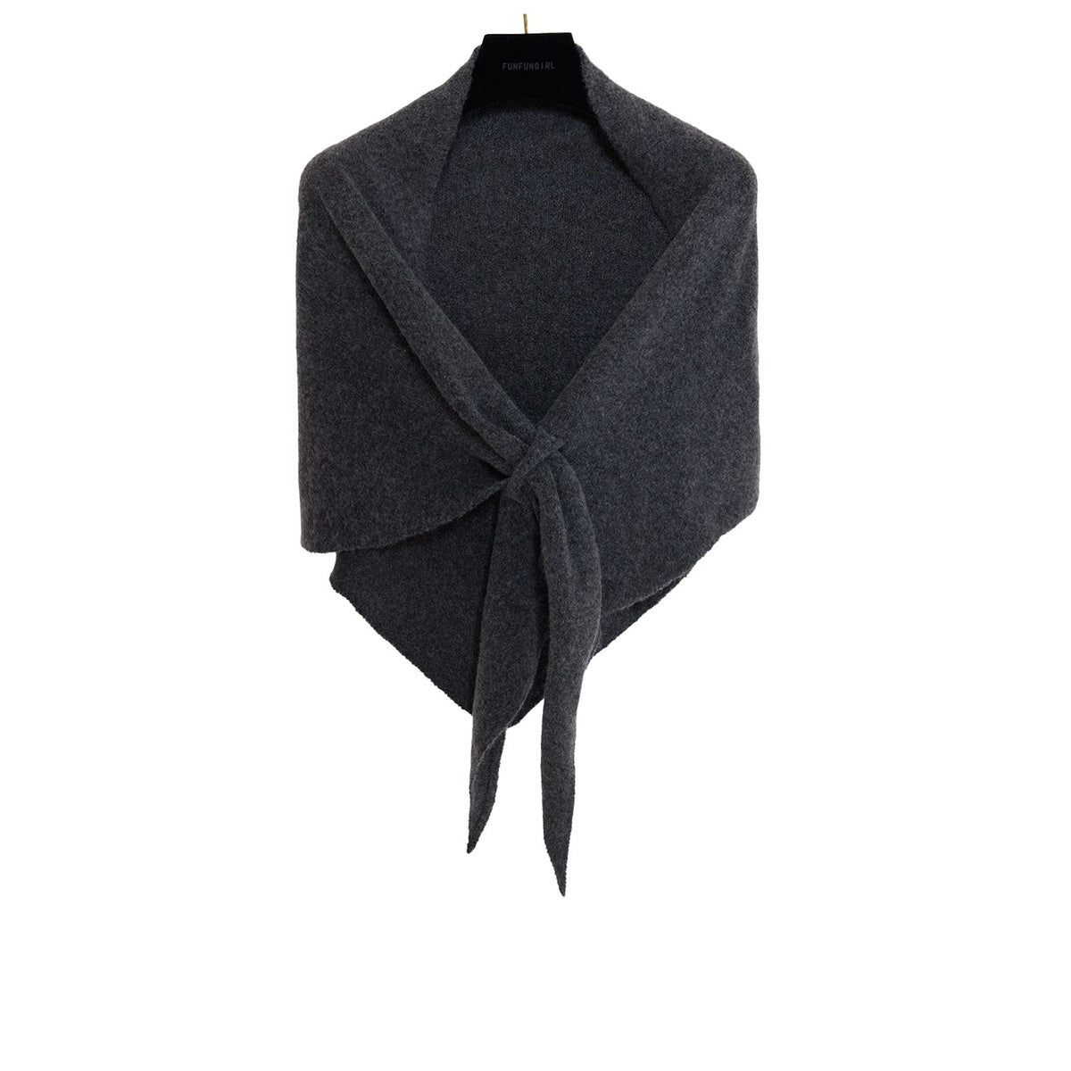 Soft Knit Triangle Shawl in charcoal gray, displayed on a hanger