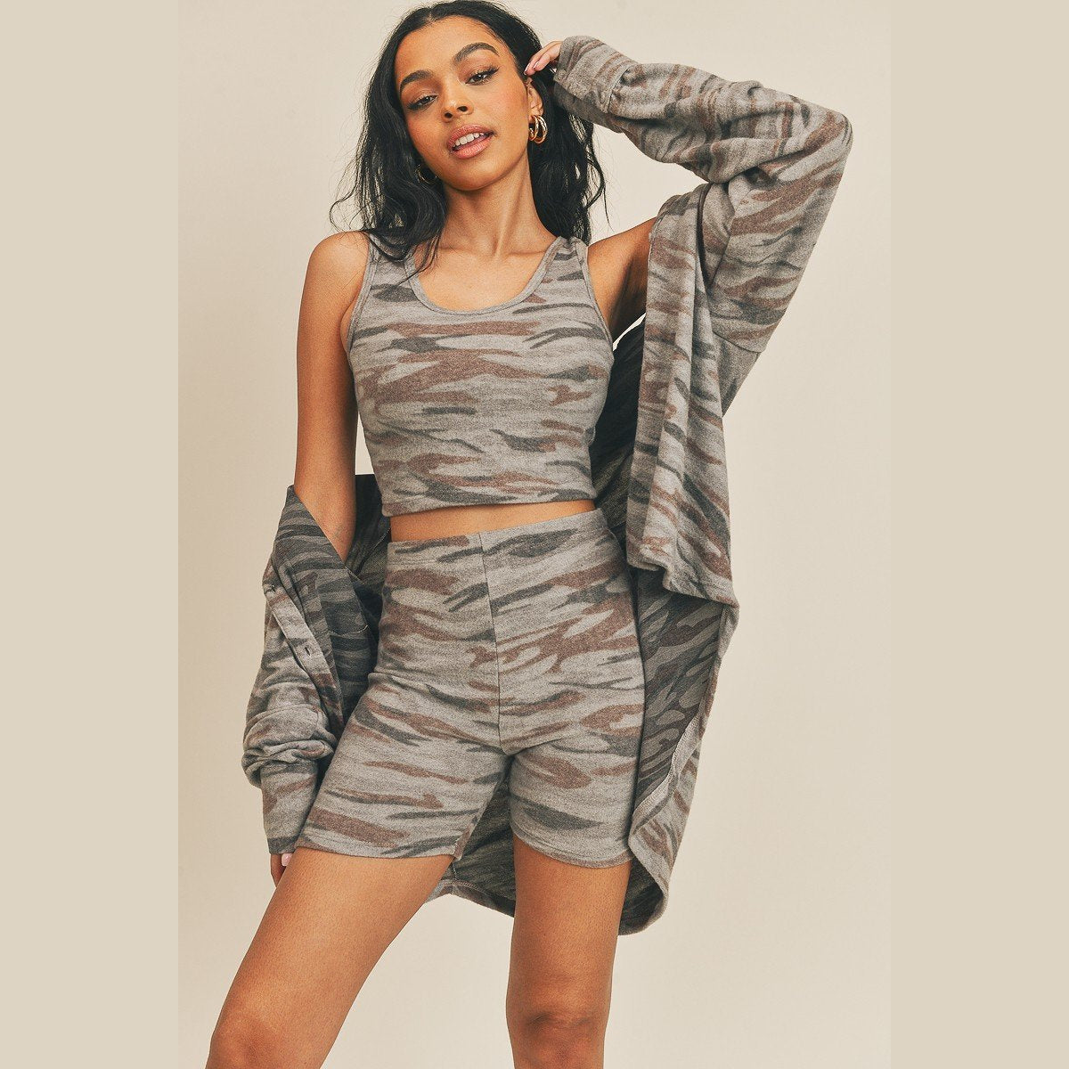 Cardigan, Tank & Biker Shorts Set in gray-brown camouflage, coordinated outfit on a model