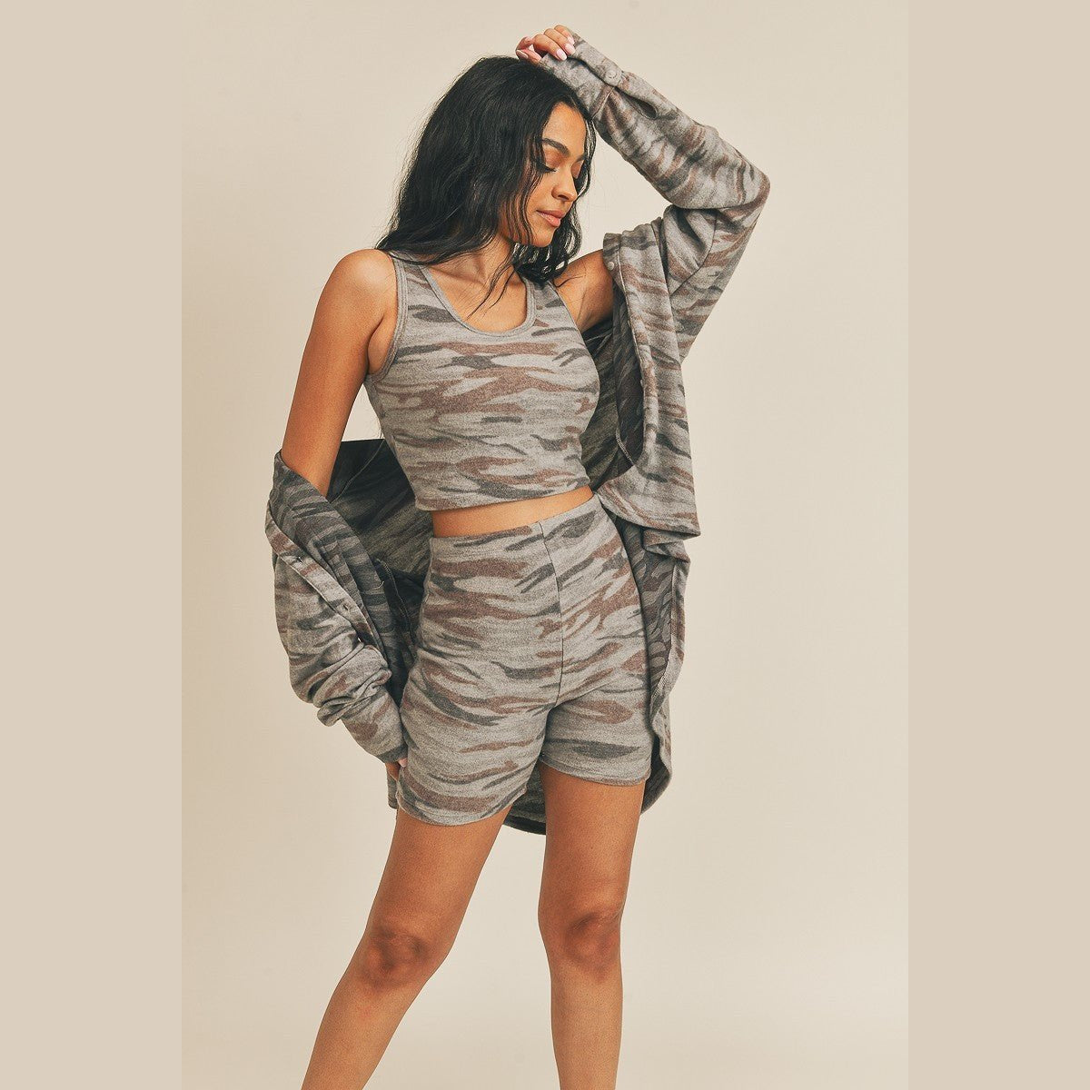 Cardigan, Tank & Biker Shorts Set in gray-brown camouflage, tank top and shorts detail