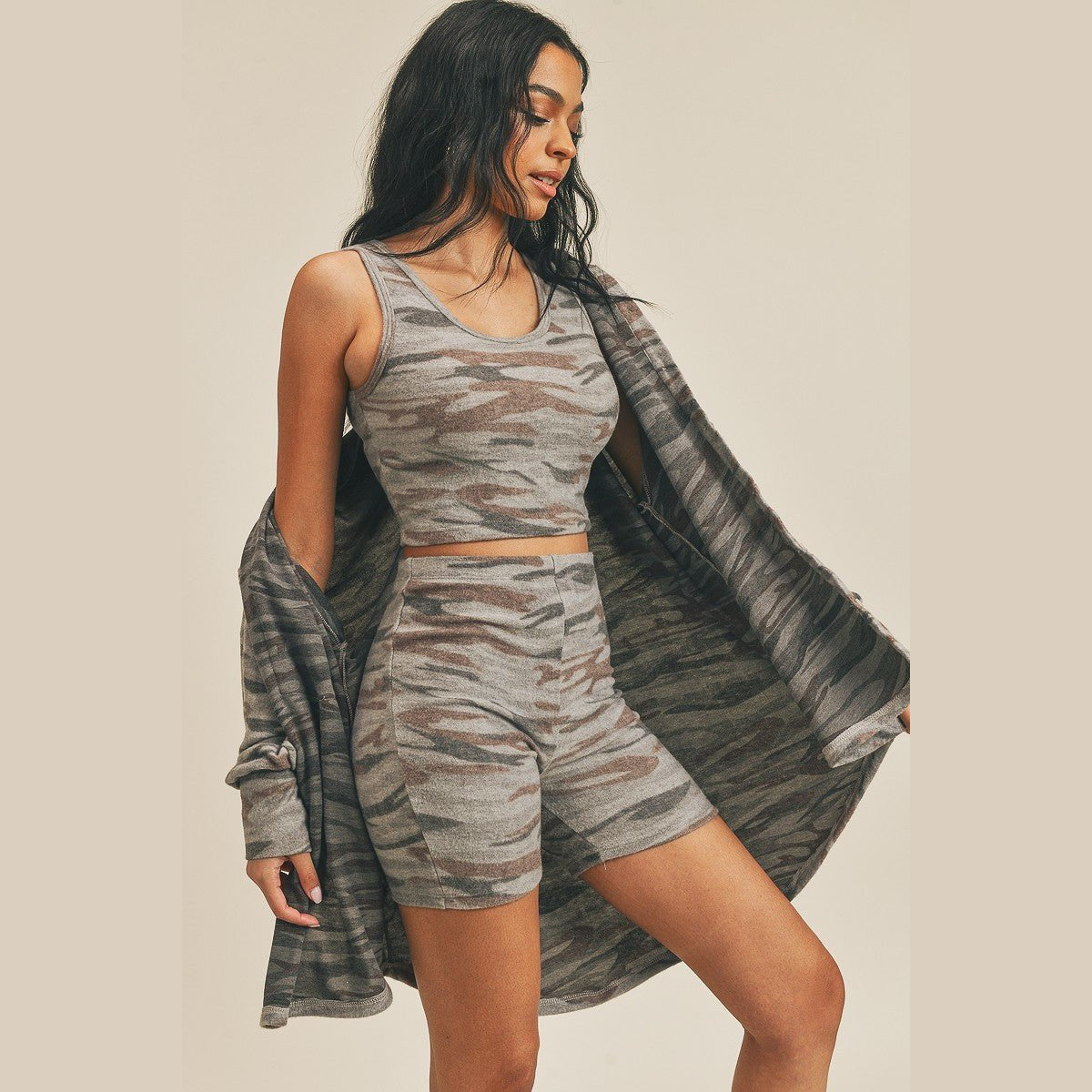 Cardigan, Tank & Biker Shorts Set in gray-brown camouflage, side view