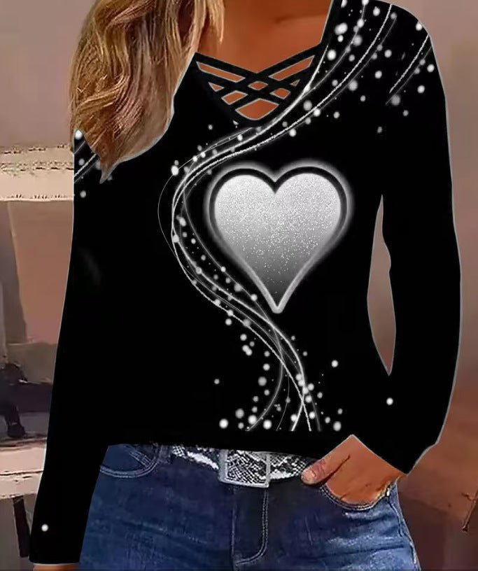 Casual Long Sleeve Top With A Heart Patterned V Neck – Minimal Elegance | The Simple Co – Women's Tops, minimalist style, quiet luxury aesthetic, modern essential – The Simple Co.