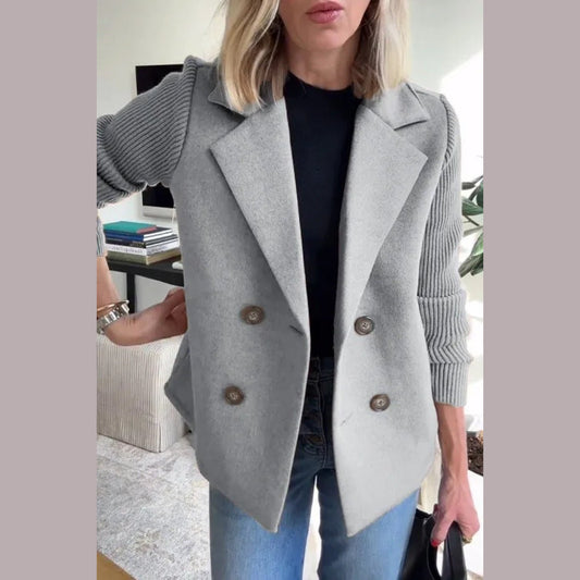 Double-Breasted Knit-Sleeve Jacket in gray, front view on a model