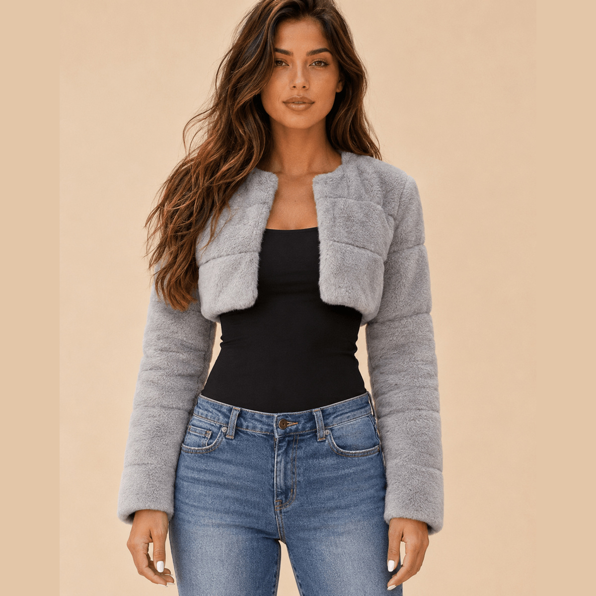 Collarless Cropped Faux-Fur Jacket in gray, front view on a model