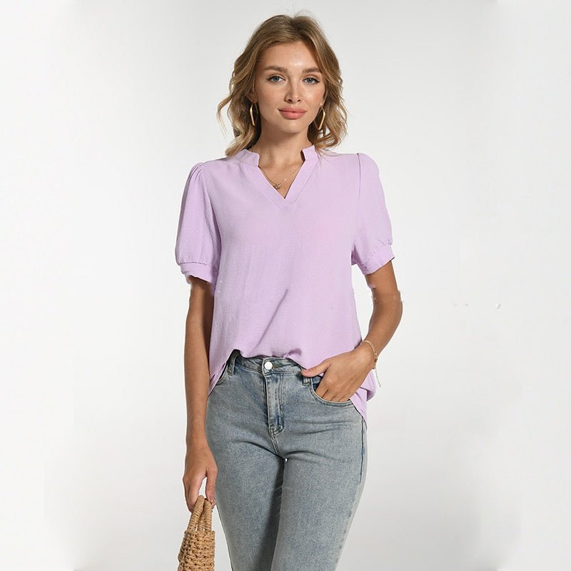 Comfortable Breathable V - neck Puff Sleeve Elegant Short Sleeve T-shirt – Versatile Spring/Summer | The Simple Co. – Apparel & Accessories > Clothing > Shirt, minimalist style, quiet luxury aesthetic, modern essential – The Simple Co.
