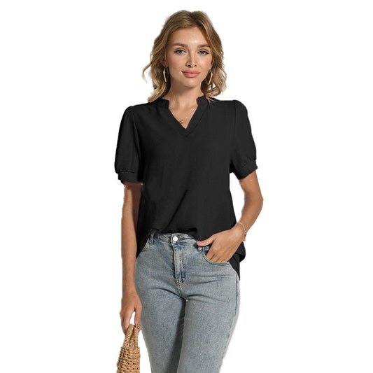 Comfortable Breathable V - neck Puff Sleeve Elegant Short Sleeve T-shirt – Versatile Spring/Summer | The Simple Co. – Apparel & Accessories > Clothing > Shirt, minimalist style, quiet luxury aesthetic, modern essential – The Simple Co.